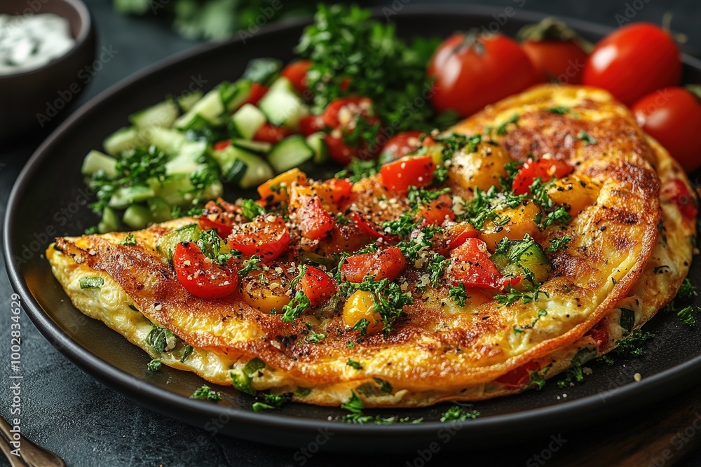 Fresh homemade omelette with mushrooms, feta cheese and herbs. A healthy protein breakfast with mushrooms and spinach Fresh homemade omelette with mushrooms, feta cheese and herbs. A healthy protein breakfast with mushrooms and spinach