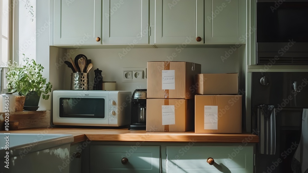 An empty organized kitchen counter with unplugged appliances and a stack of labeled moving boxes on the floor indicating a household relocation or move in process An empty organized kitchen counter with unplugged appliances and a stack of labeled moving boxes on the floor indicating a household relocation or move in process