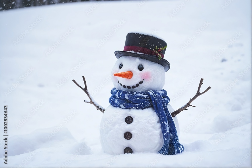 Cute snowman in the snow background with copy space. Cute snowman in the snow background with copy space.