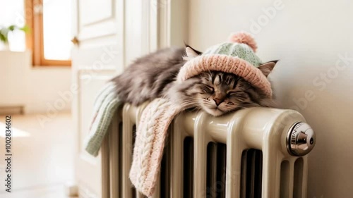 cute cat in a hat and scarf warm sleeps heating radiator in the apartment