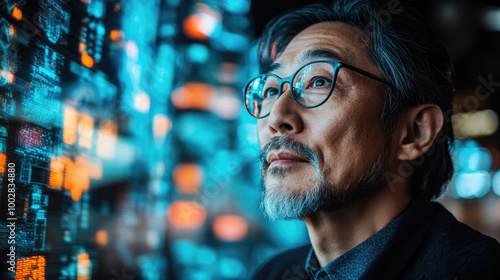 An introspective man gazes up at vibrant digital data projections while standing in a contemporary tech setting