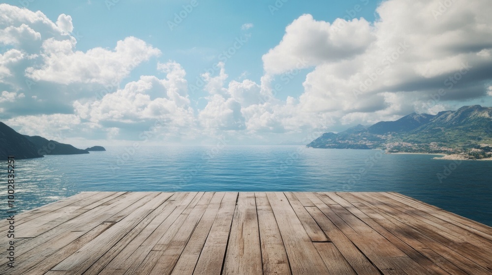 Fototapeta premium A wooden platform with no railings, looking out over an expansive ocean