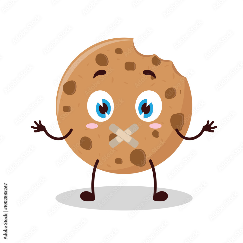 Cute shut up expression of bite cookies mouth closed with plaster cartoon character Cute shut up expression of bite cookies mouth closed with plaster cartoon character