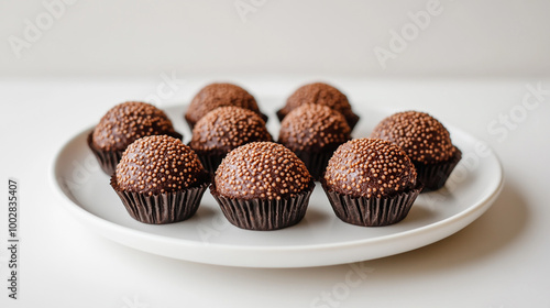 Chocolate confections with colorful sprinkles arranged on a white plate for dessert