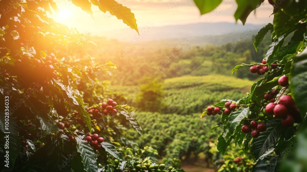 Obraz premium A serene scene of a coffee plantation with lush green coffee trees and ripe coffee cherries, illustrating the origin of coffee beans and the beauty of nature.