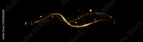 Golden curved light line.Confetti sparkles in a wave. Sparkling magical dust particles.golden stars shine with special light. Magical shining gold dust.