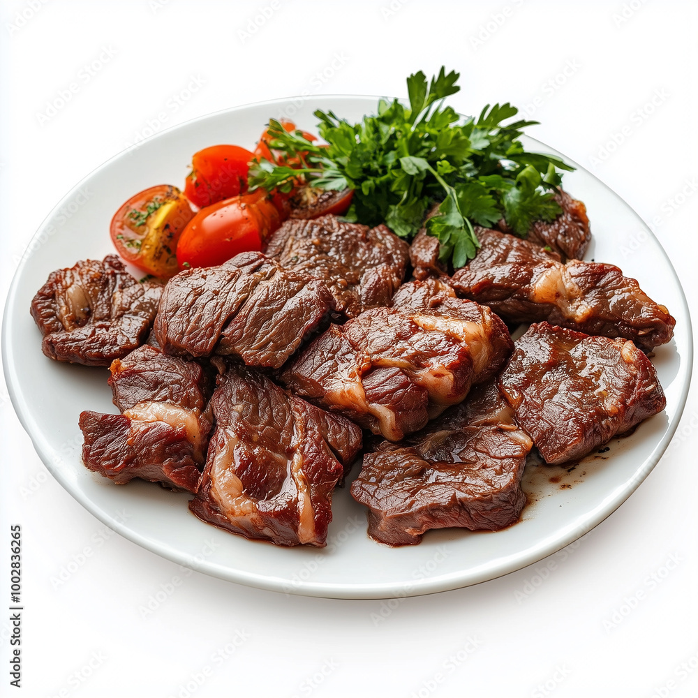 Fresh beef churrasco on a plate, isolated on a white background.