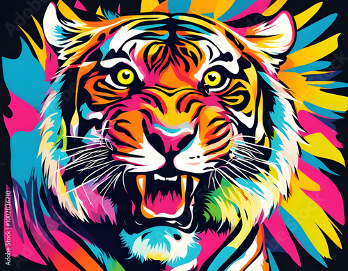 colorful Tiger with open mouth head with cool isolated pop art style background