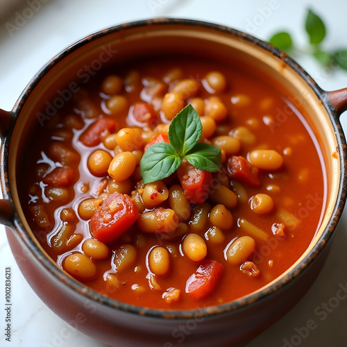 Cazuela de cocido con alubias tomates y salsa photo