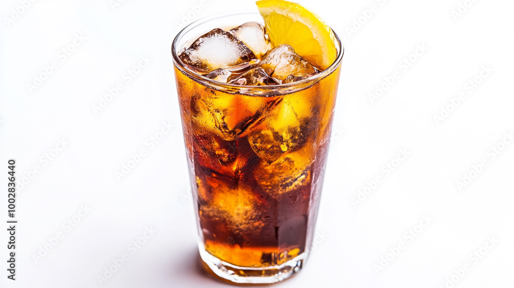 Refreshing iced tea with lemon wedge served in a tall glass on a bright background Refreshing iced tea with lemon wedge served in a tall glass on a bright background