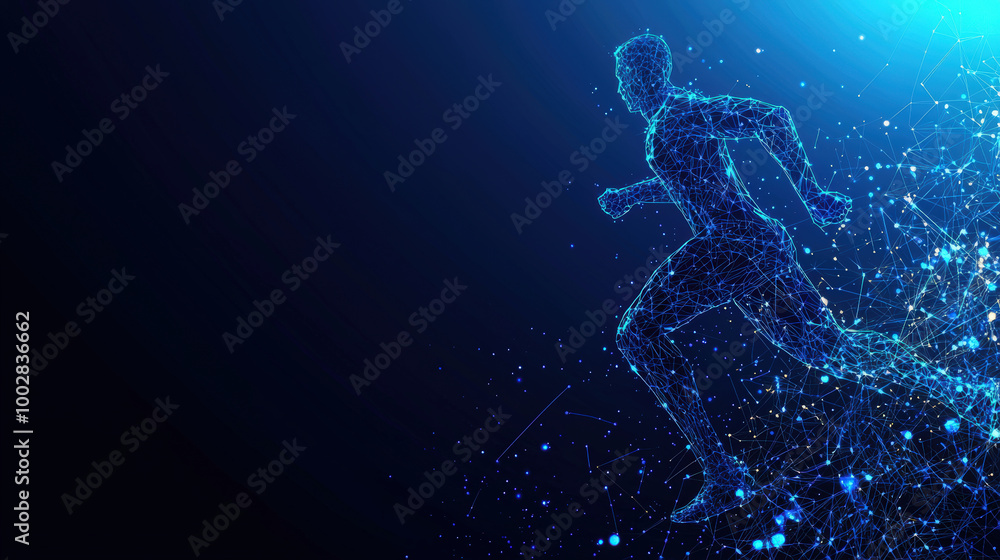dynamic low poly figure of running athlete is depicted in vibrant blue digital style, showcasing energy and motion against dark background dynamic low poly figure of running athlete is depicted in vibrant blue digital style, showcasing energy and motion against dark background