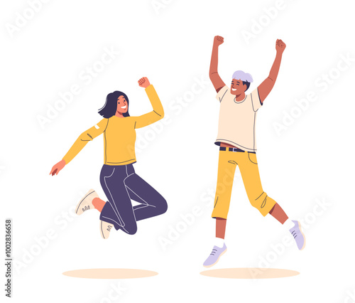 Two Young People Jump With Joy And Excitement, Reflecting Happiness And Cheerfulness, Celebrating A Joyful Moment