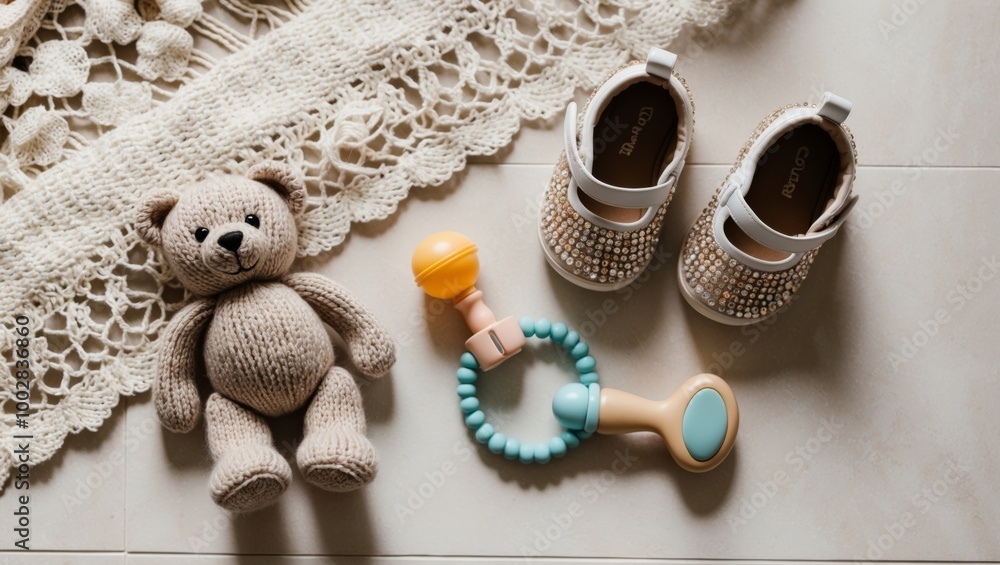 A teddy bear, a pair of baby shoes, and a rattle lie on a lacy backdrop A teddy bear, a pair of baby shoes, and a rattle lie on a lacy backdrop