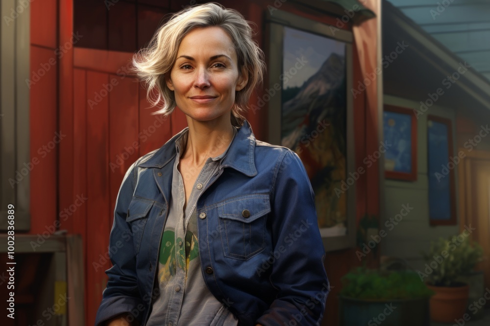 Portrait of a content woman in her 50s sporting a rugged denim jacket in stylized simple home office background Portrait of a content woman in her 50s sporting a rugged denim jacket in stylized simple home office background