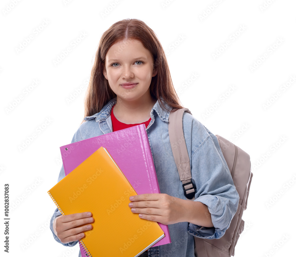 Teenage girl with backpack and books on white background Teenage girl with backpack and books on white background