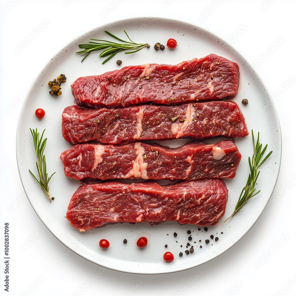 Fresh beef churrasco on a plate, isolated on a white background. Fresh beef churrasco on a plate, isolated on a white background.
