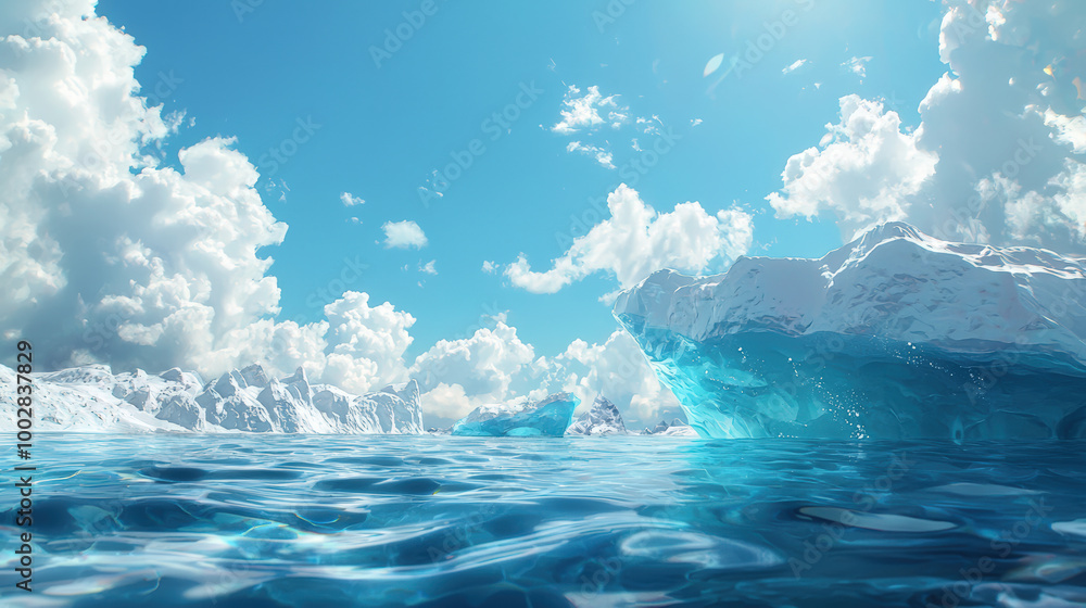 stunning view of iceberg floating in serene ocean under bright blue sky filled with fluffy clouds. scene captures beauty of nature and tranquility of environment stunning view of iceberg floating in serene ocean under bright blue sky filled with fluffy clouds. scene captures beauty of nature and tranquility of environment