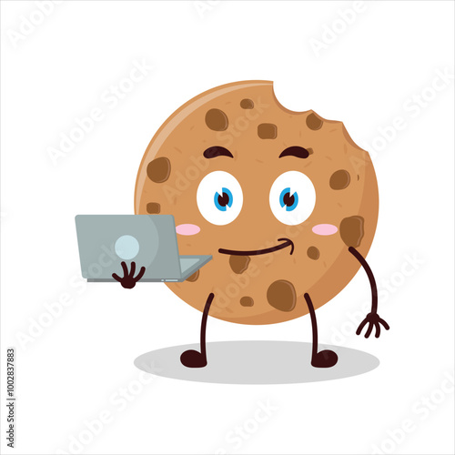 Cute success business expression of bite cookies carry laptops cartoon character