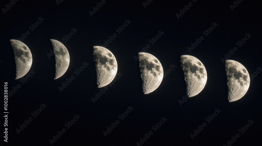 Obraz premium A time-lapse image of the Moon phases, showcasing the transition from new Moon to full Moon in a single frame