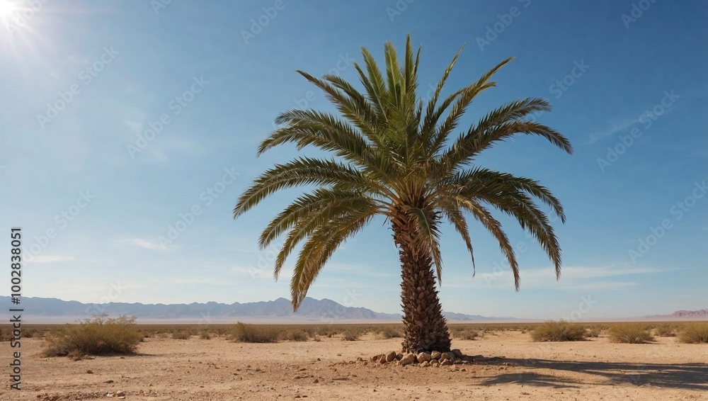 Lone palm tree in arid desert landscape with mountains Lone palm tree in arid desert landscape with mountains
