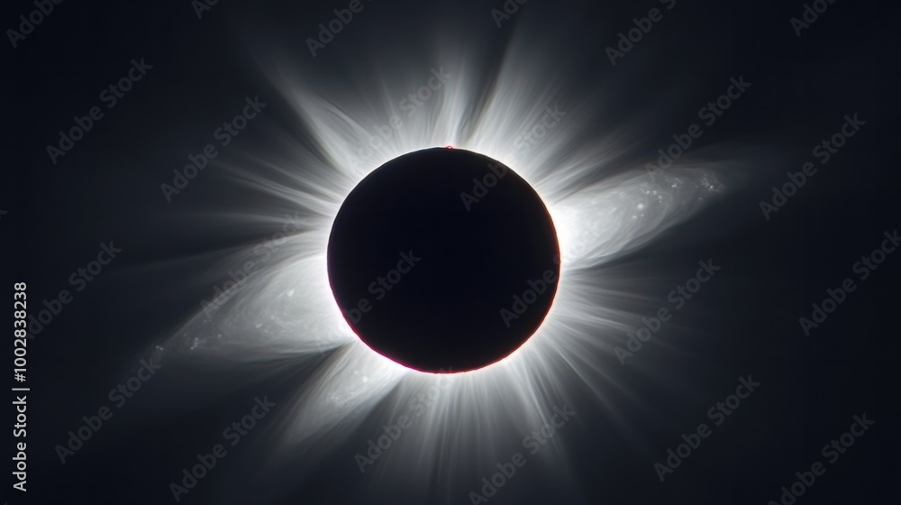 A total solar eclipse, with the Sun corona glowing around the dark silhouette of the Moon A total solar eclipse, with the Sun corona glowing around the dark silhouette of the Moon