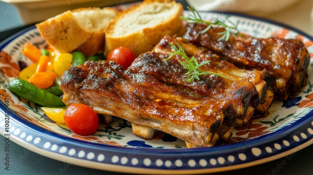 A serving of succulent fried pork ribs on a colorful ceramic plate, with a side of garlic bread and fresh vegetables, emphasizing a delightful dinner experience. A serving of succulent fried pork ribs on a colorful ceramic plate, with a side of garlic bread and fresh vegetables, emphasizing a delightful dinner experience.