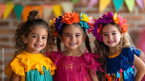 Cheerful and Vibrant Portrait of Three Young Girls Dressed in Colorful Playful Costume Designs for a Celebratory Party or Holiday Occasion