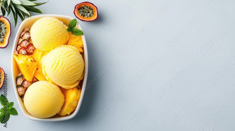 Scoops of tropical fruit sorbet in a ceramic tray, decorated with pineapple and passionfruit, exotic and vibrant Scoops of tropical fruit sorbet in a ceramic tray, decorated with pineapple and passionfruit, exotic and vibrant