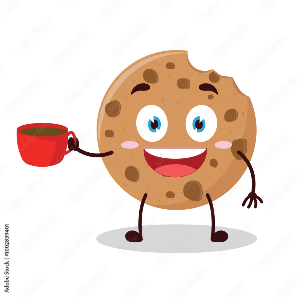 Cute cheerful expression of bite cookies carry cup of coffee cartoon character Cute cheerful expression of bite cookies carry cup of coffee cartoon character