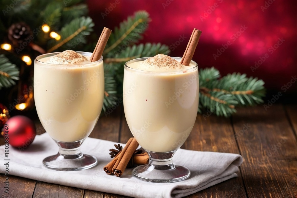 Christmas eggnog in a glass with a Christmas background and copy space. Christmas eggnog in a glass with a Christmas background and copy space.