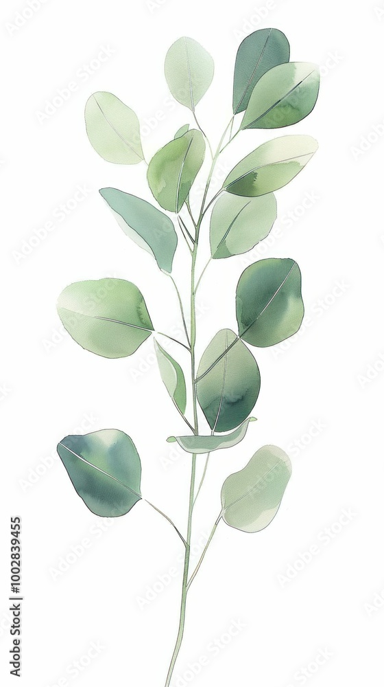 Obraz premium Delicate watercolor illustration of a green botanical branch against a white background