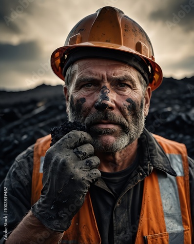 A miner holding a piece of coal. The coal itself is dark, shiny, and jagged, taking up the center of the image. In the background, slightly blurred, is the miner's face.