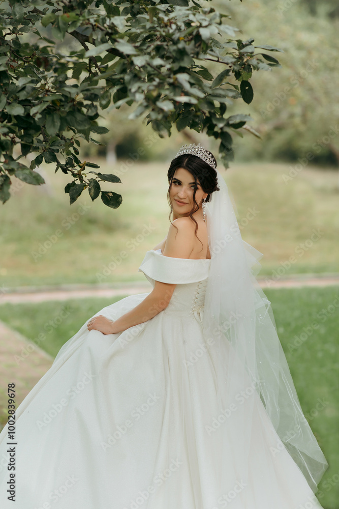 A woman in a white dress is posing for a picture. She is wearing a tiara and a veil. The image has a romantic and elegant mood A woman in a white dress is posing for a picture. She is wearing a tiara and a veil. The image has a romantic and elegant mood