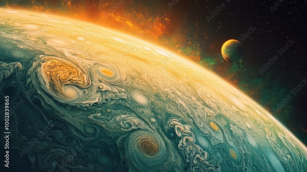 A view of Jupiter colorful atmosphere from space, with its massive storm systems and swirling clouds creating intricate patterns A view of Jupiter colorful atmosphere from space, with its massive storm systems and swirling clouds creating intricate patterns