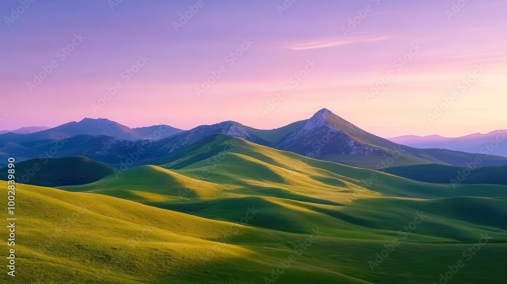 Fototapeta premium Aerial view of lush green rolling hills at sunset with mountains in the distance.