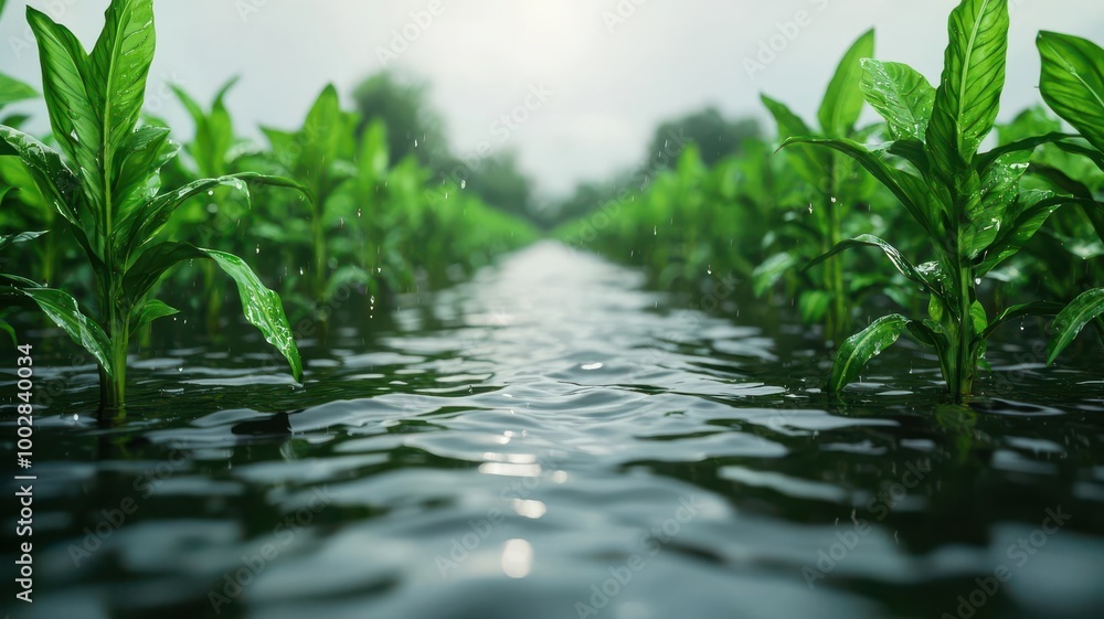 Fototapeta premium Flash flood rushing through farmland, crops under water, 3D illustration