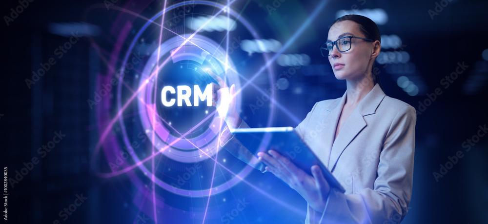 CRM Customer relationship management software system business technology concept. Young business woman pressing button on virtual screen. CRM Customer relationship management software system business technology concept. Young business woman pressing button on virtual screen.