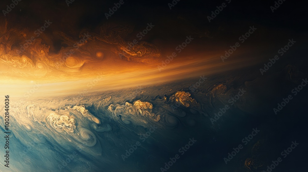 Fototapeta premium A view of Jupiter dynamic atmosphere, with its vibrant cloud bands and large storm systems moving across the planet