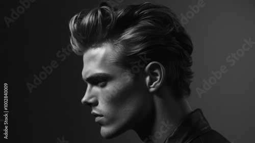 A side view of a man with a textured quiff hairstyle, showing off the volume and natural flow of the hair, styled to perfection.