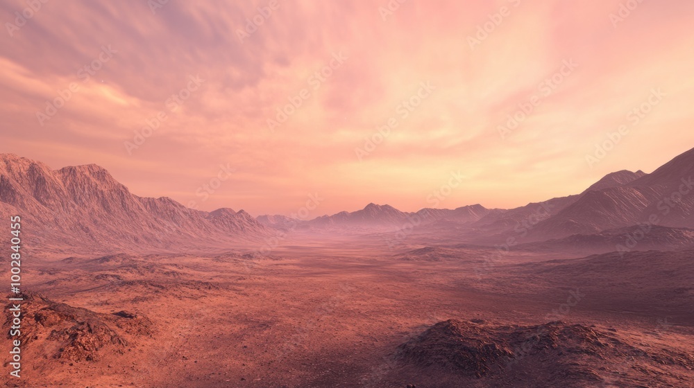 Naklejka premium A view of Mars barren desert plains with rocky hills and valleys stretching out under a soft, pinkish Martian sky