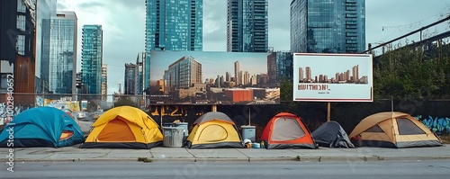 Tents Camped Near High Rise Billboards Reflecting Housing Crisis and Economic Divides photo