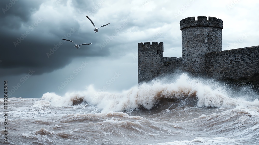 Waves crashing against a stone fortress on a cliff, seagulls flying overhead, lowangle, dark clouds gathering Waves crashing against a stone fortress on a cliff, seagulls flying overhead, lowangle, dark clouds gathering