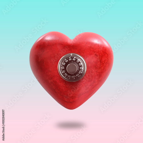 Red heart with mechanical safe lock on gradient background photo