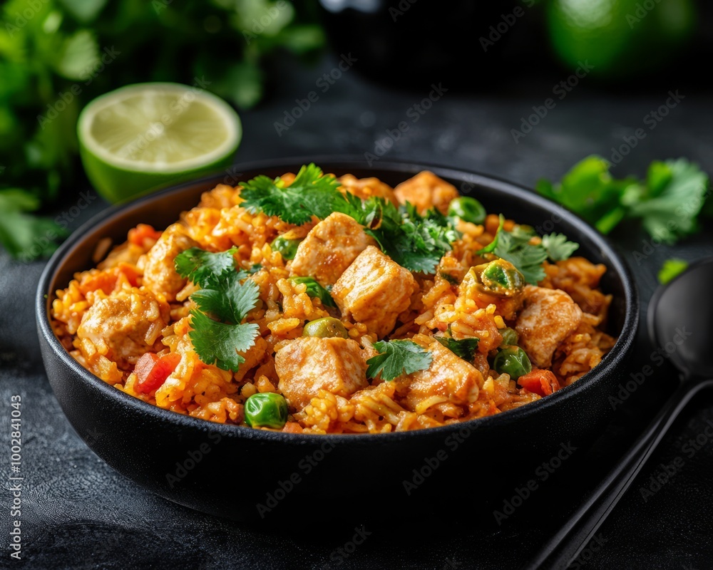 A bowl of flavorful rice dish with chicken, peas, and herbs.