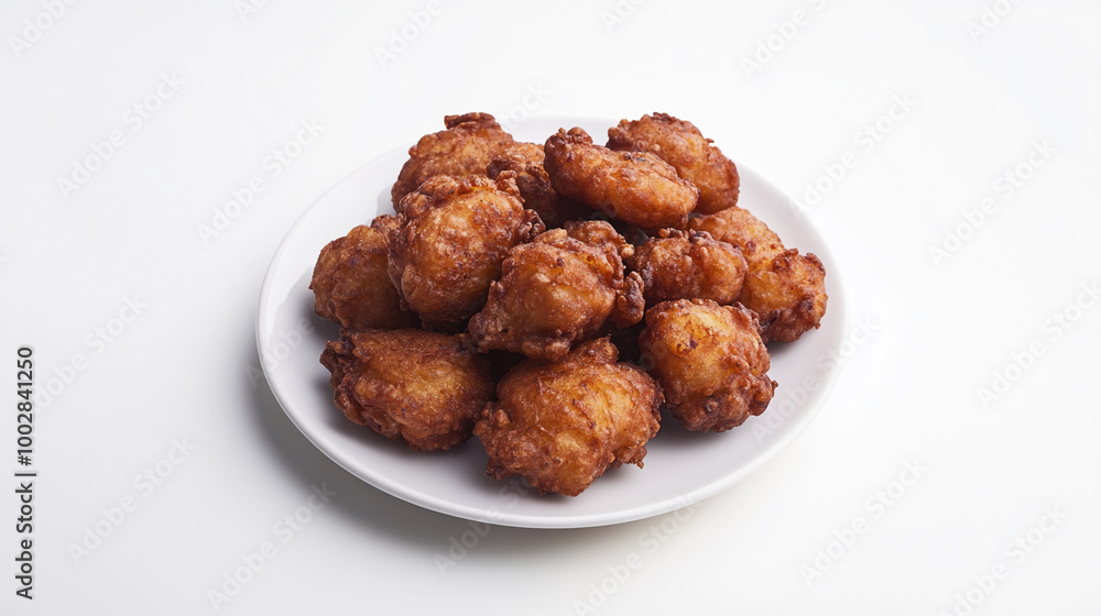 Crispy golden fritters served on a white plate, perfect for a savory snack or appetizer Crispy golden fritters served on a white plate, perfect for a savory snack or appetizer