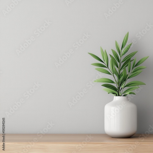 Fresh green plant in a white vase on a wooden table against a gray wall.