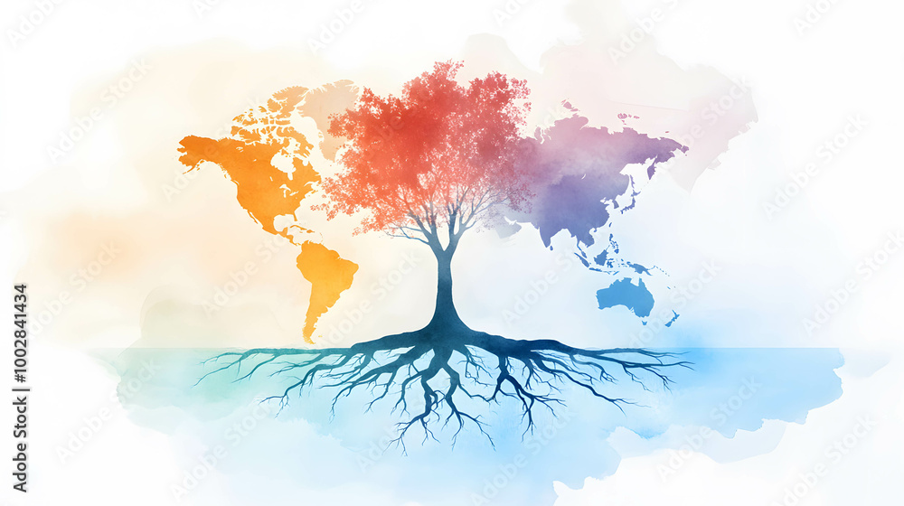 A tree with roots spreading across a world map and branches extending ...