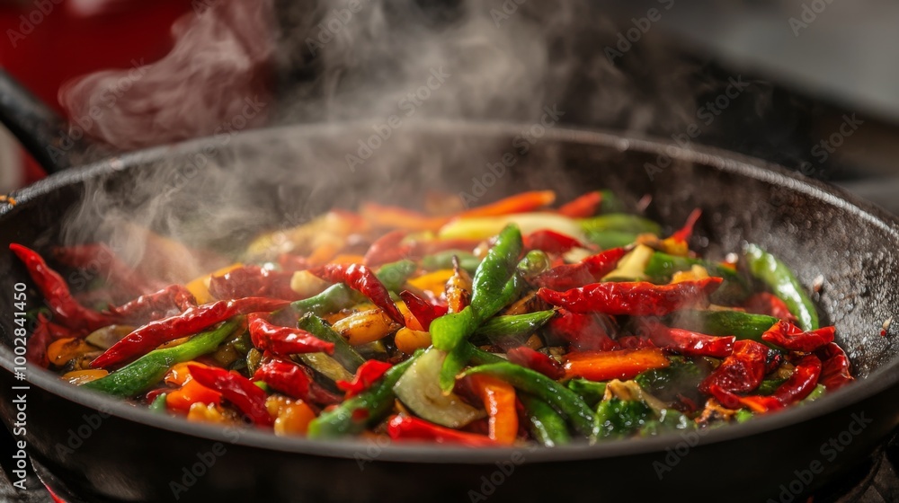 A sizzling skillet filled with stir-fried vegetables and red chilies, steam rising as the vibrant colors blend together, capturing the essence of a delicious meal preparation. A sizzling skillet filled with stir-fried vegetables and red chilies, steam rising as the vibrant colors blend together, capturing the essence of a delicious meal preparation.