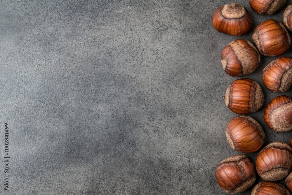 Obraz premium Hazelnuts scattered on a grey surface, natural textures and tones.