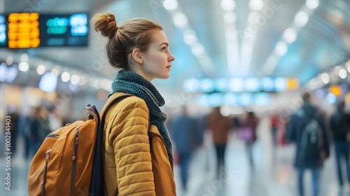 Close up portrait of a woman waiting patiently in a modern airport terminal her head turned slightly as passengers move through the blurred background Ample space for text overlay creating a clean